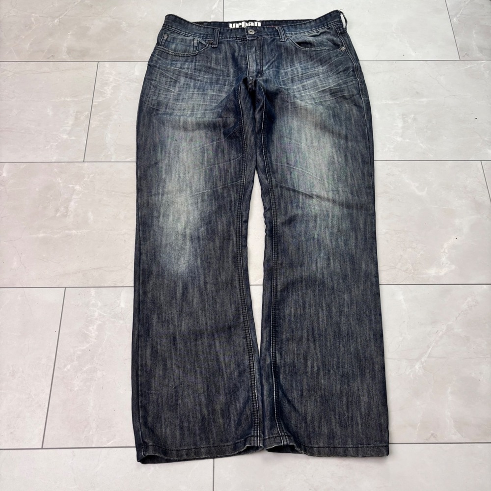 Y2K Urban Pipeline Slim Straight Distressed Whiskered Jeans 36x32 Grunge Skater